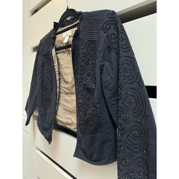 ANN TAYLOR LOFT Embroidered Eyelet Navy Blazer Sz 4 Petite 3/4 Sleeve Lined - Picture 5 of 7